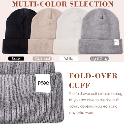 FEQO 4 Pack Satin Lined Winter Beanie Hats Soft Silk Lined Beanies - color: Black, White, Light Gray, Oatmeal