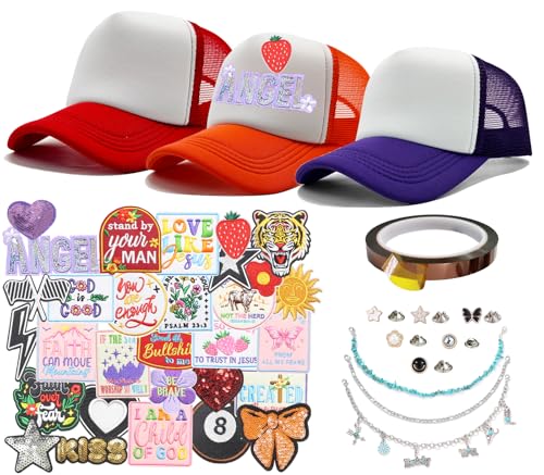 HEYTRCO 43PCS DIY Trucker Hat Kit, 3 Mesh Foam Hats with Iron-On Embroiederd & Sequin Patches, Hat Pins, Hat Chains & Heat-Resistant Tape – Party Craft Kit for Teens - color: Red / Rose Red / Blue – Colorful Party DIY Kit