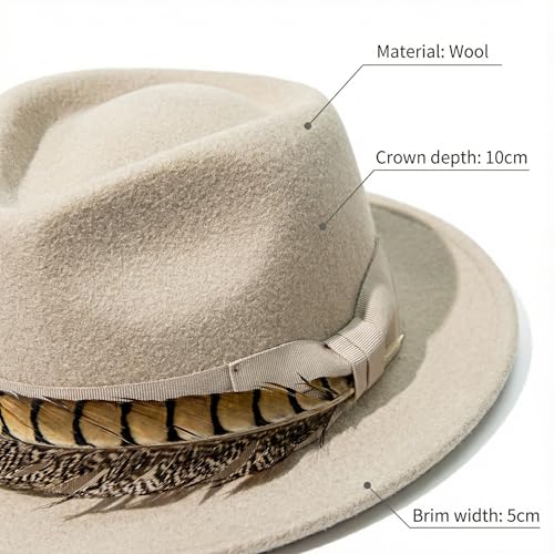 Home Prefer Men's Wool Felt Winter Hat Short Brim Fedora Hat with Feather - color: Beige Ring Necked Feather