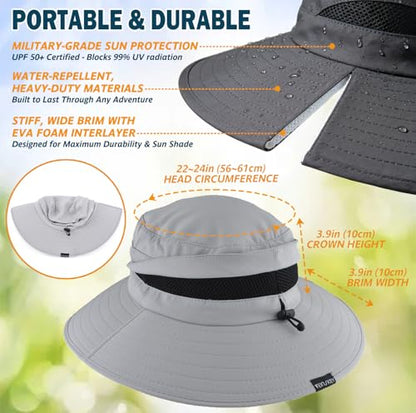 Men's UPF 50+ Waterproof Wide Brim Boonie Hat, Sun & Rain Protection - color: Light Grey