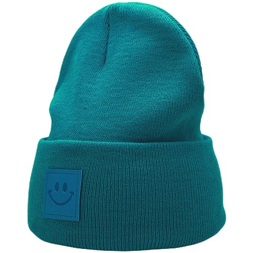 55cube Unisex Knit Cuffed Beanie Hats Warm Winter Caps with Leather Logos - color: Peacock Green