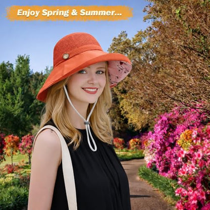 Women Wide Brim Sun Hats Metal Wired Edge Summer UV Protection Beach Fishing Hat for Hiking Garden Travel Chin Strap - color: M9163-jvse, size: One Size
