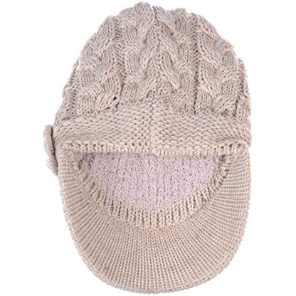 Womens Winter Elegant Cable Flower Knitted Newsboy Cabbie Cap Beret Beanie Hat with Visor, Warm Plush Fleece Lined - color: Lt. Beige Cable Flower