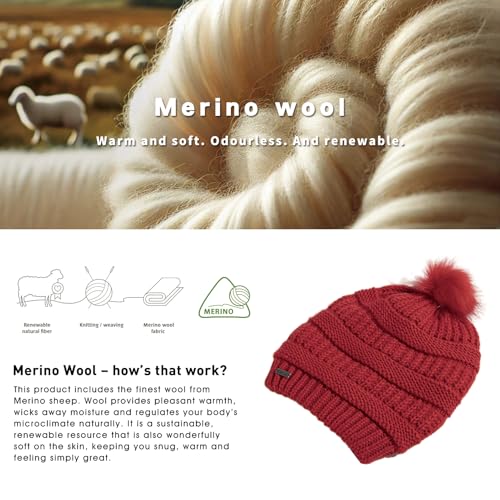 TOP-EX Winter Wool Slouchy Beanie for Women, Warm Faux Fur Pom Hat - color: Red_satin Lined