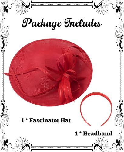 Kidukso Fascinators Hat 20s 50s for Women Derby Hat Vintage Feather Headband for Tea Party Church Wedding Cocktail - color: Red