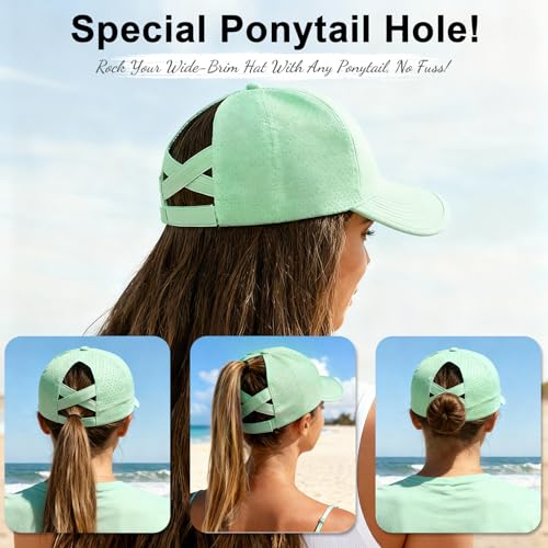 Women's Wide Brim Sun Hat with Ponytail Hole, UV Protection Criss Cross Sun Visor Hat, Lightweight & Quick-Drying Beach Cap - color: Mint Green