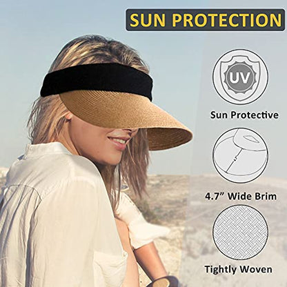 Women Straw Sun Visor Hat Wide Brim Summer UV Protection Beach Cap Foldable Packale Korean Style - color: Khaki