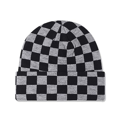 LumiSyne Knitted Beanie - Men Women Checkerboard Pattern Cuffed Slouchy Stretchy Warm Winter Hat Baggy Skull Cap - color: Grey