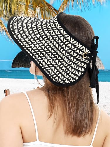 sy soul young Women's Straw Hat with Ponytail Hole Wide Brim Visor Sunhat - color: Beige & Coffee