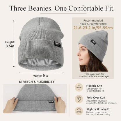 3 Pack Satin Lined Beanies for Men and Women Silk Warm Cuffed Winter Hats - color: Black+white+light Grey