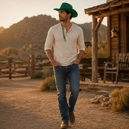 COLLECT PRESENT Plain Felt Cowboy & Cowgirl Hat for Men and Women | Western Studded Cowboy Hat in Adult Sizes - color: Green