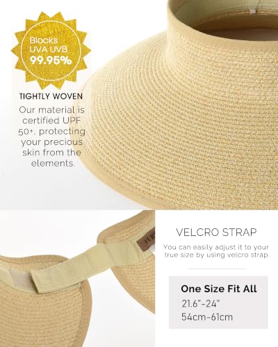 FURTALK Womens Sun Hat with Ponytail Hole Wide Brim Beach Straw Visor - color: Beige Khaki Mix