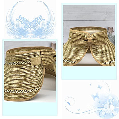 Women Sun Visors Foldable Straw Hats Summer Beach Packable Hat Floppy Wide Brim Cap Deep Style, Adjustable Size - color: Khaki Mix