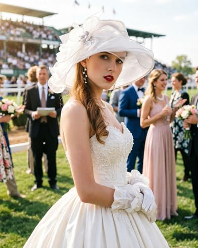 Organza Fascinator Hat - Women’s Wide Brim Church Bridal Tea Party Wedding Hat - color: 02a-white
