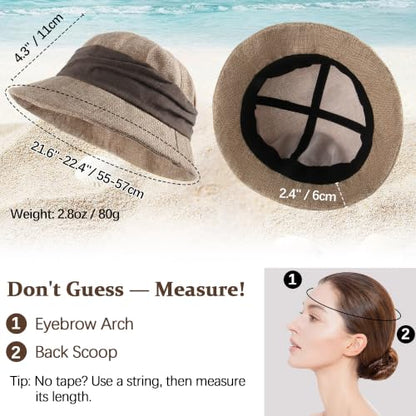 Babalet Women Summer Bucket Sun Hat Lightweight Beach Faux Linen Blend Bucket Hat Adjustable Foldable UV Protection Beach Cap - color: Marled Beige / Brown Band