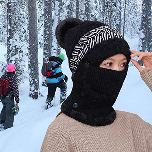 HUAMULAN Women Winter Knit Balaclava Fleece Lined Hooded Beanie Hats - color: Black, size: One Size
