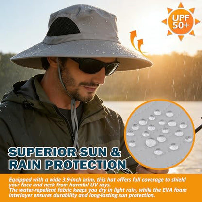 Wide Brim Sun Bucket Hat, Waterproof Boonie Hat for Men & Women - color: 01 Light Grey