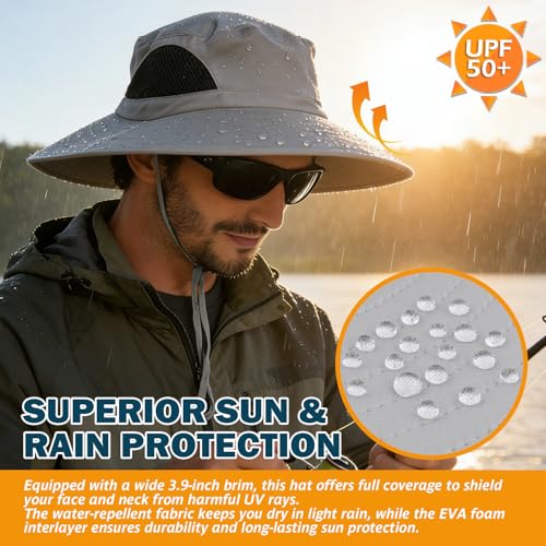 Wide Brim Sun Bucket Hat, Waterproof Boonie Hat for Men & Women - color: 01 Light Grey