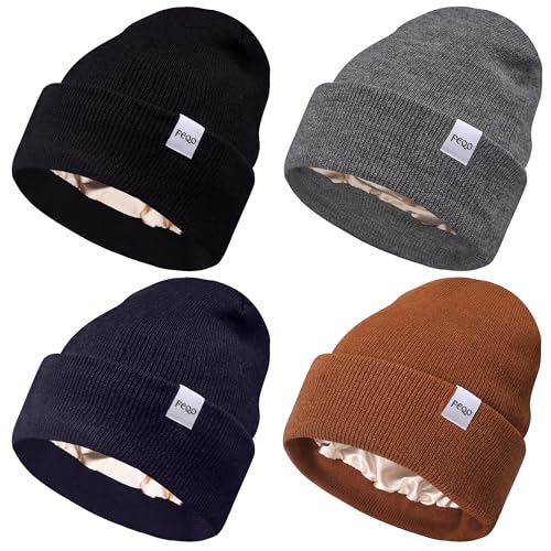 FEQO 4 Pack Satin Lined Winter Beanie Hats Soft Silk Lined Beanies - color: Navy Blue, Black, Dark Gray, Caramel