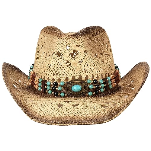 Foeran Men's Women's Straw Cowboy Hat Cowgirl Woven Sun Hat Western Cowboy Hat Two Decorative Bands - color: Beige-a