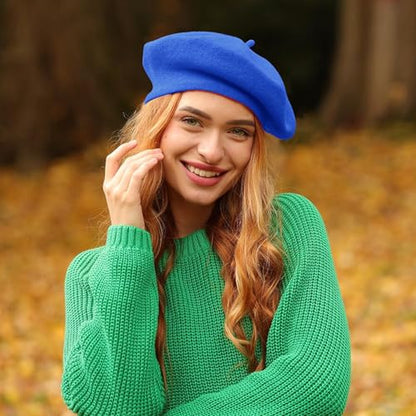 Lanzom Wool Blend Women Beret Hat French Beret Cap Winter Fashion Solid Color Hat for Women Girls Lady - color: Royal Blue