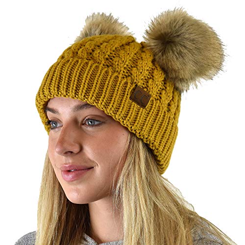 C.C 2 Ear Pom Pom Cable Knit Soft Stretch Cuff Skully Beanie Hat - color: Faux Fur Mustard
