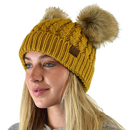 C.C 2 Ear Pom Pom Cable Knit Soft Stretch Cuff Skully Beanie Hat - color: Faux Fur Mustard