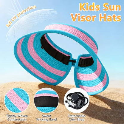 ZOORON Girls Straw Sun Visor Hat, Wide Brim Ponytail Beach Hat with Bow - color: Seablue+pink