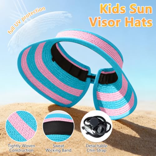 ZOORON Girls Straw Sun Visor Hat, Wide Brim Ponytail Beach Hat with Bow - color: Seablue+pink