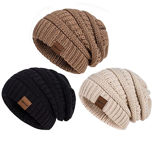 Slouchy Women's Winter 3 Pieces Beanie Hat Women Men Oversized Warm Knitted Women's Hat Winter Thick for Cold Weather - color: Black+oatmeal+light Khaki