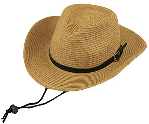 Men's Floppy Packable Straw Hat Beach Cap Newsboy Fedora Sun Hat, Big Brim, Adjustable Chin Strap - color: Khaki