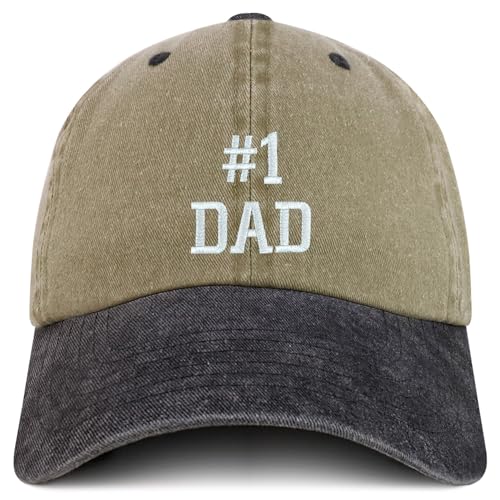 Trendy Apparel Shop Number 1 Dad Embroidered Pigment Dyed Low Profile Cotton Cap - color: Khaki Black