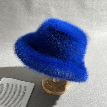 Dikoaina Faux Fur Bucket Hat for Women Girl – Oversized Brim, Super Soft & Fluffy Winter Hat - color: Royal Blue