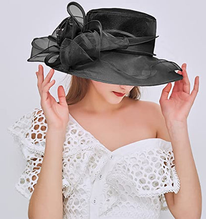 Women's Organza Derby Fascinator Hat Cloche Bowler Hat Cocktail Tea Party Wedding Sun Hat - color: B3-black