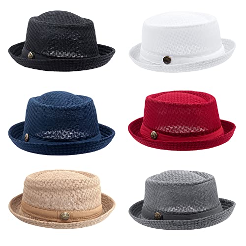 Summer Mesh Pork Pie Hat,Men Women Straw Fedora Cap,Lightweight Bowler Cap - color: White+black+red+blue+grey+khaki