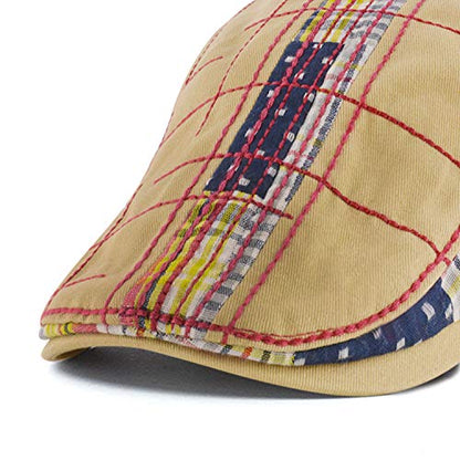 MOACC M Men Beret Hat Cotton Buckle Adjustable Newsboy Hats Cabbie Gatsby Cap - color: Hat-t1-beige(red Line)