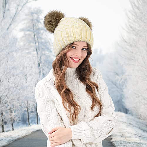 Arctic Paw Womens Winter Hat Cable Knit Beanie for Women Faux Fur Pompom Ears - color: Cream Hat Coffee Ball