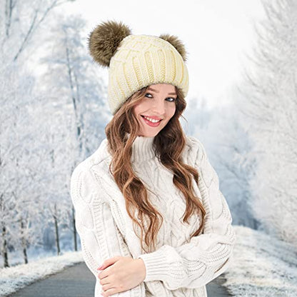 Arctic Paw Womens Winter Hat Cable Knit Beanie for Women Faux Fur Pompom Ears - color: Cream Hat Coffee Ball