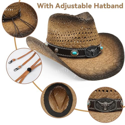 WQWOVRVO Cowboy Hat,Cowgirl Hat,Straw Cowboy Hats for Women/Men Wide with Shapeable Brim - color: Brown&coffee Color