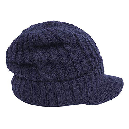 Original One Men Wool Blend Cable Knitted Visor Beanie Winter Knit Hat with Brim Fur Lined Ski Cap - color: Blue