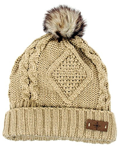 Women's Winter Fleece Lined Cable Knitted Pom Pom Beanie Hat - color: Khaki