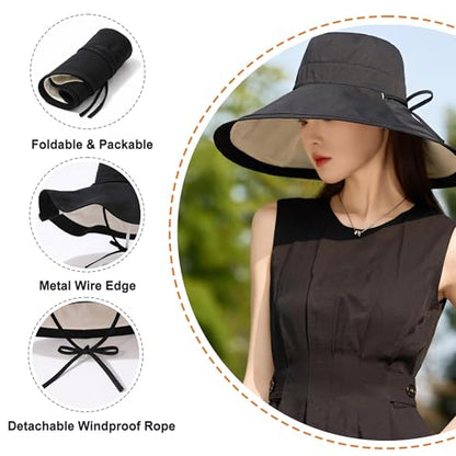 Wide Brim Sun Hat for Women Reversible Beach Hats Metal Wired Edge Gardening Hats, UPF 50+ Bucket Summer Hat - color: Black Beige