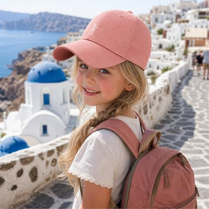 Kids Washed Cotton Baseball Cap, Unstructured Adjustable Toddler Hat for Boys & Girls - color: Pink