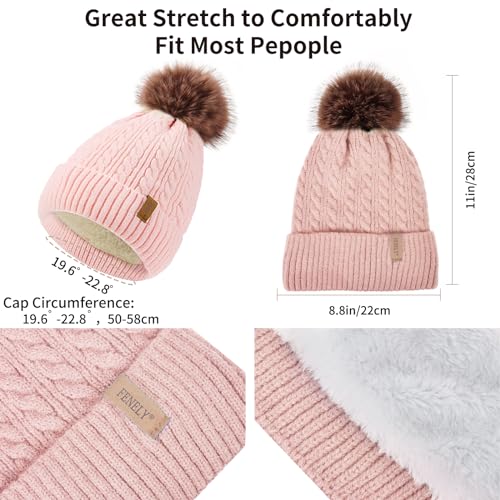 Winter Hat Scarf Gloves Set for Women, Classic Cable Beanie with Removable Pom Pom Long Scarf Touchscreen Gloves 3 in 1 Set - color: Pink