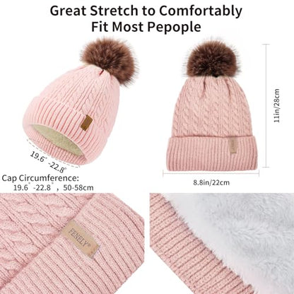 Winter Hat Scarf Gloves Set for Women, Classic Cable Beanie with Removable Pom Pom Long Scarf Touchscreen Gloves 3 in 1 Set - color: Pink