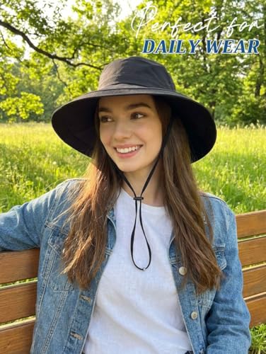 Women Summer Wide Brim Sun Hat UV Protection Ponytail Hole Waterproof Foldable Bucket Hat for Beach Hiking Travel - color: Black