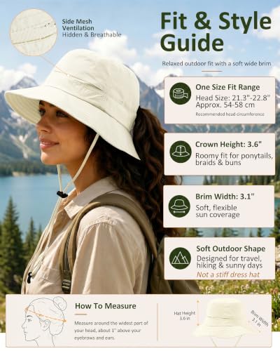 Womens Sun Hat Ponytail Packable UPF 50+ Waterproof Bucket Hat with Ponytail Hole for Beach Hiking Travel - color: Begie