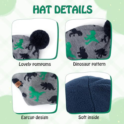 Duoyeree Kids Beanie Dinosaur Pom Pom Knit Winter Hat Fleece Lined for 1-7T - color: Dinosaur Hat and Scarf Set, size: 2-4T