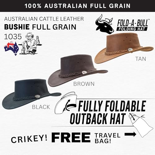 1035 Full Grain - Australian Cattle Leather Cowboy Hat - Foldable, Lightweight, Durable, Water Resistant - color: Black, size: Medium