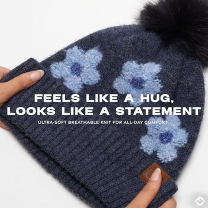 Funky Junque Beanie for Women Ultra Soft Chenille Faux Fur Pom Pom Winter Hats Warm Ski Cap Fashion - color: Daisy - Navy